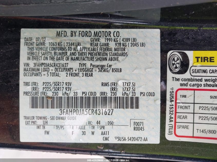 2012 Ford Fusion Sel VIN: 3FAHP0JA5CR431627 Lot: 42529668