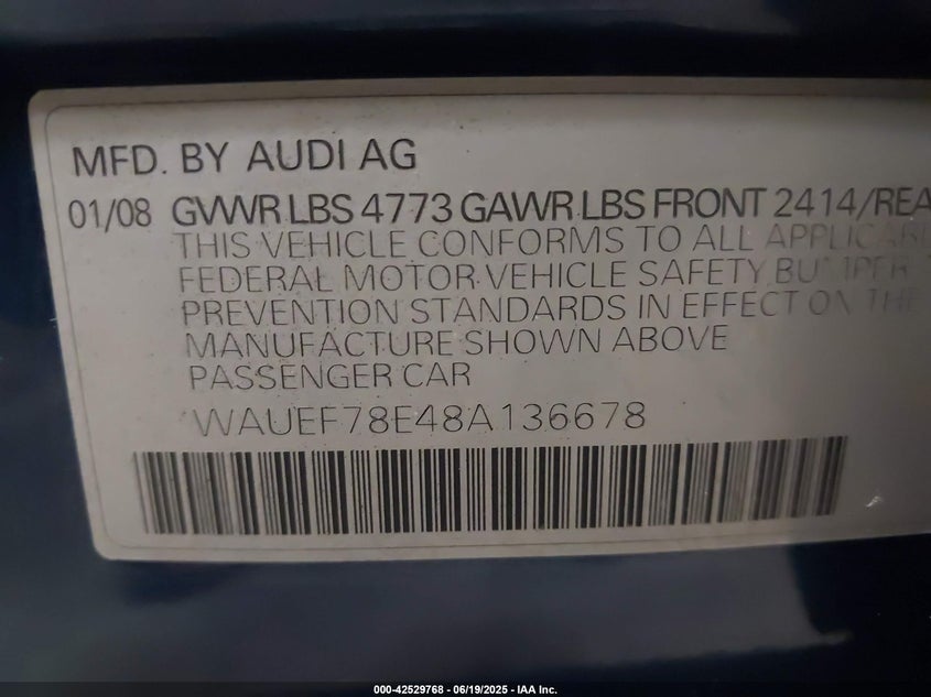 2008 Audi A4 2.0T/2.0T Special Edition VIN: WAUEF78E48A136678 Lot: 42529768