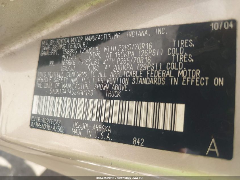 2005 Toyota Tundra Sr5 V8 VIN: 5TBRT34145S460178 Lot: 42529918