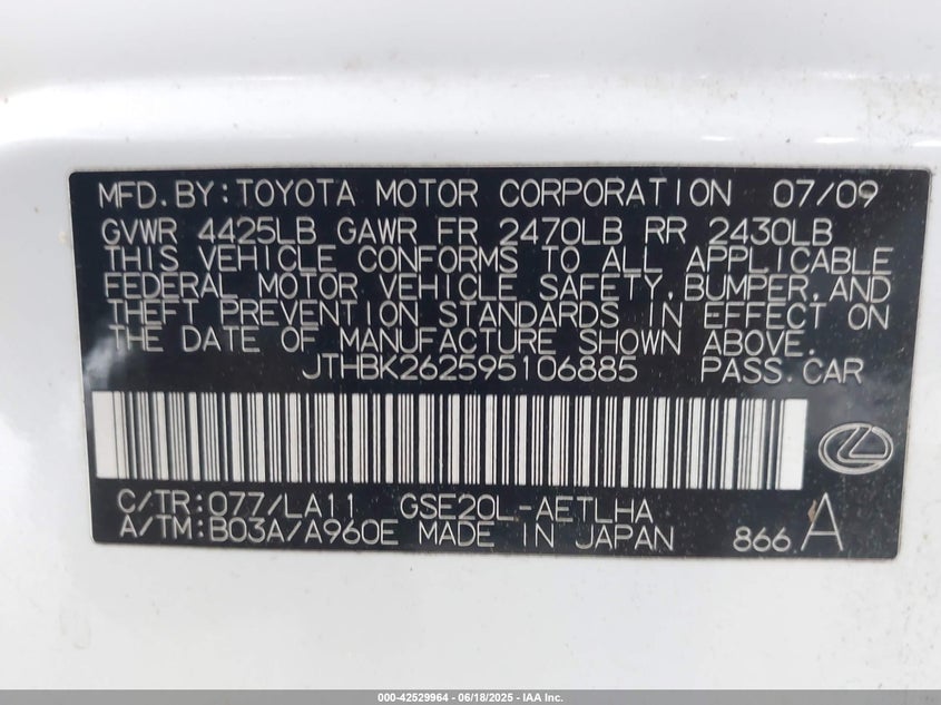 2009 LEXUS IS 250 VIN: JTHBK262595106885