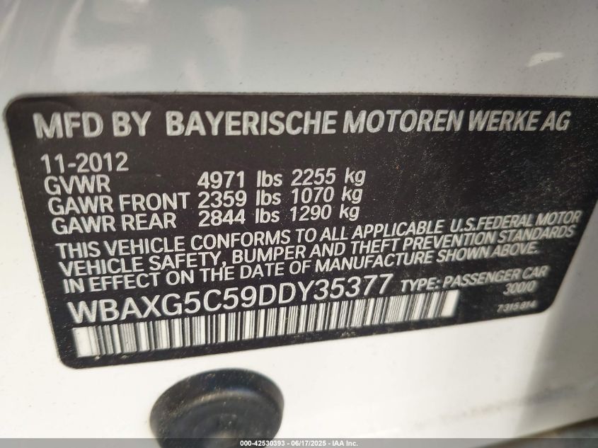 2013 BMW 528I VIN: WBAXG5C59DDY35377 Lot: 42530393