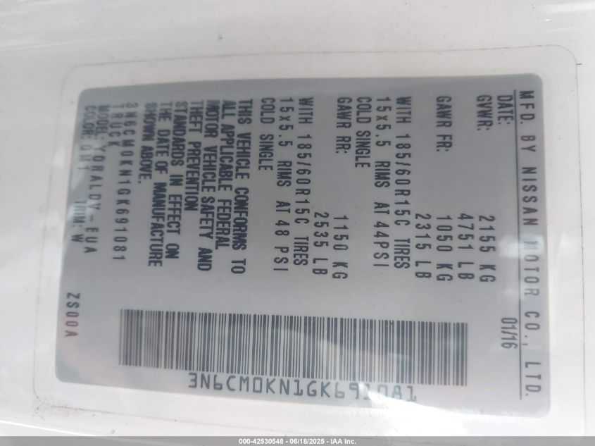 2016 Nissan Nv200 S VIN: 3N6CM0KN1GK691081 Lot: 42530548