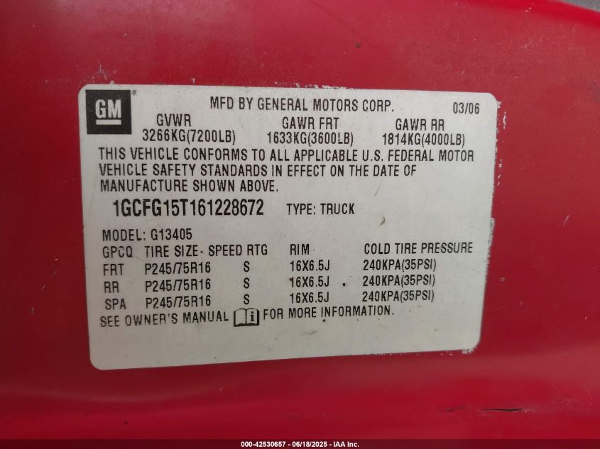 2006 Chevrolet Express Work Van VIN: 1GCFG15T161228672 Lot: 42530657