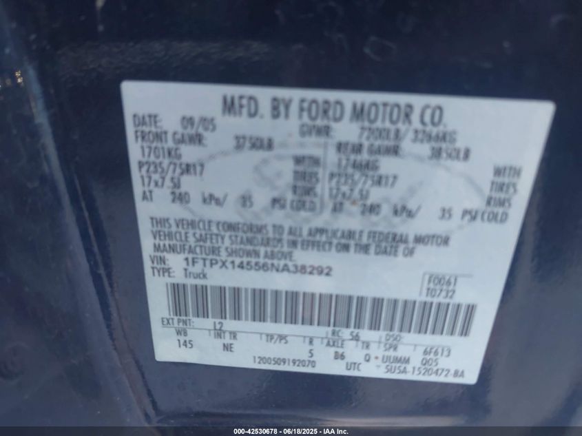 2006 Ford F-150 Fx4/Lariat/Xl/Xlt VIN: 1FTPX14556N138292 Lot: 42530678