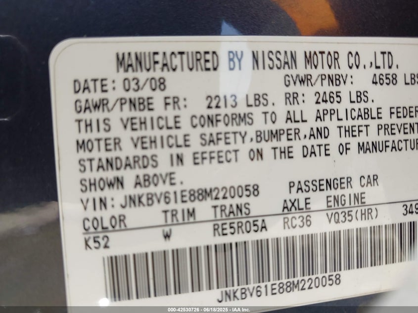 2008 INFINITI G35 VIN: JNKBV61E88M220058