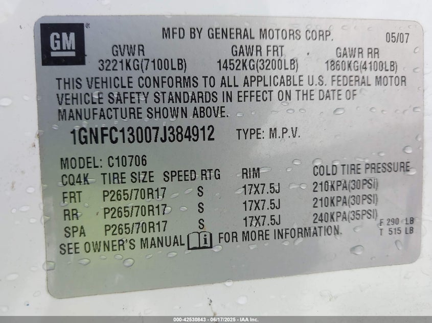 2007 CHEVROLET TAHOE VIN: 1GNFC13007J384912