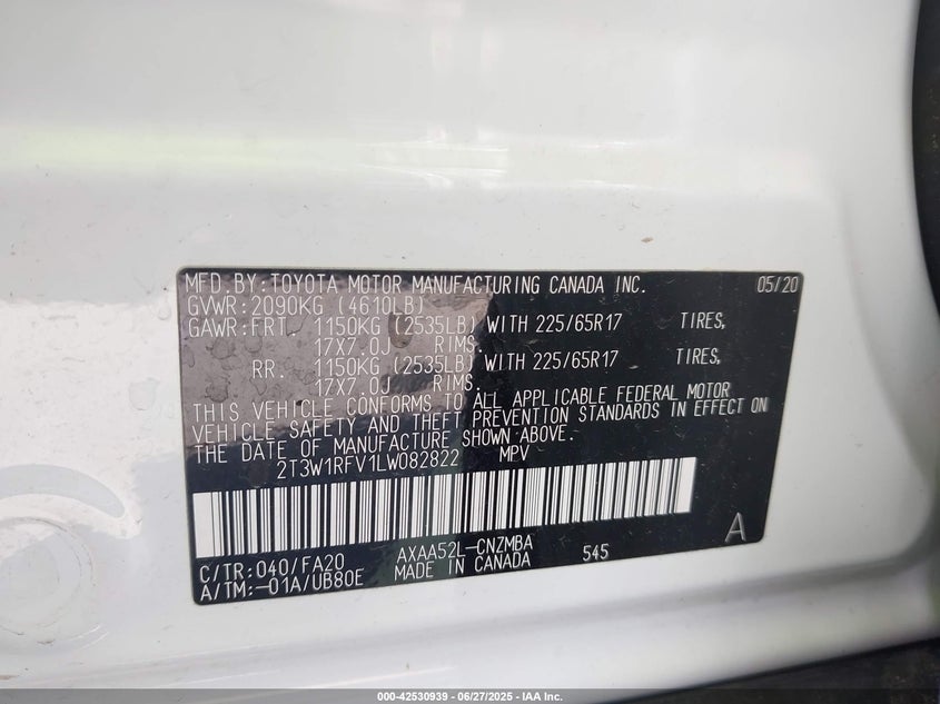 2020 TOYOTA RAV4 VIN: 2T3W1RFV1LW082822