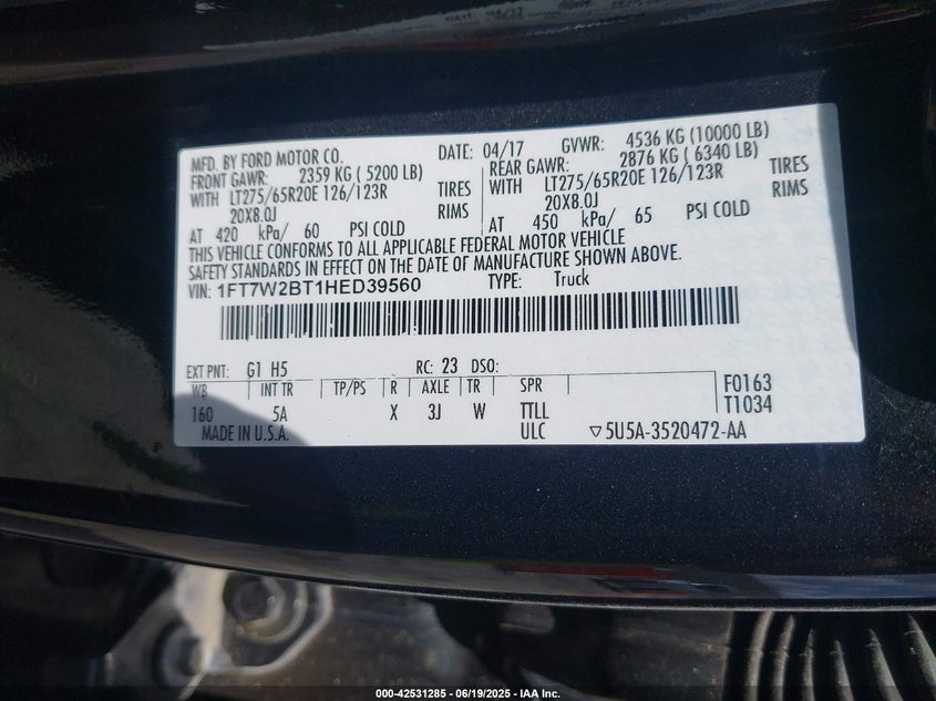 2017 FORD F-250 LARIAT - 1FT7W2BT1HED39560