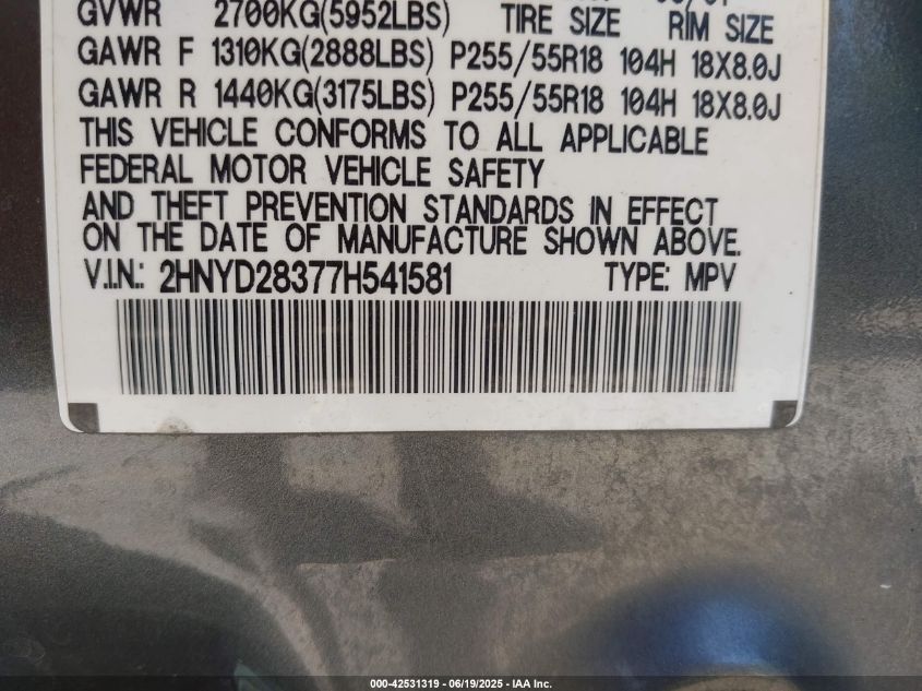 2007 Acura Mdx Technology Package VIN: 2HNYD28377H541581 Lot: 42531319