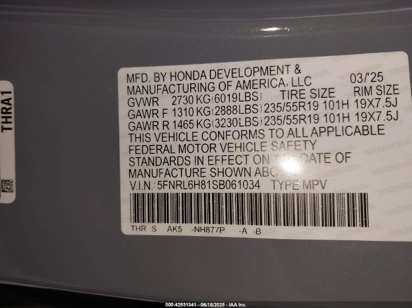 2025 Honda Odyssey - 5FNRL6H81SB061034