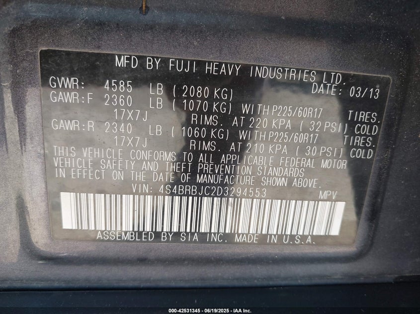 2013 SUBARU OUTBACK 2.5I LIMITED - 4S4BRBJC2D3294553