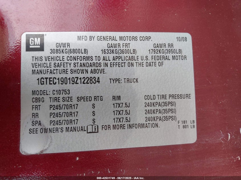 2009 GMC Sierra 1500 Work Truck VIN: 1GTEC19019Z122834 Lot: 42531749