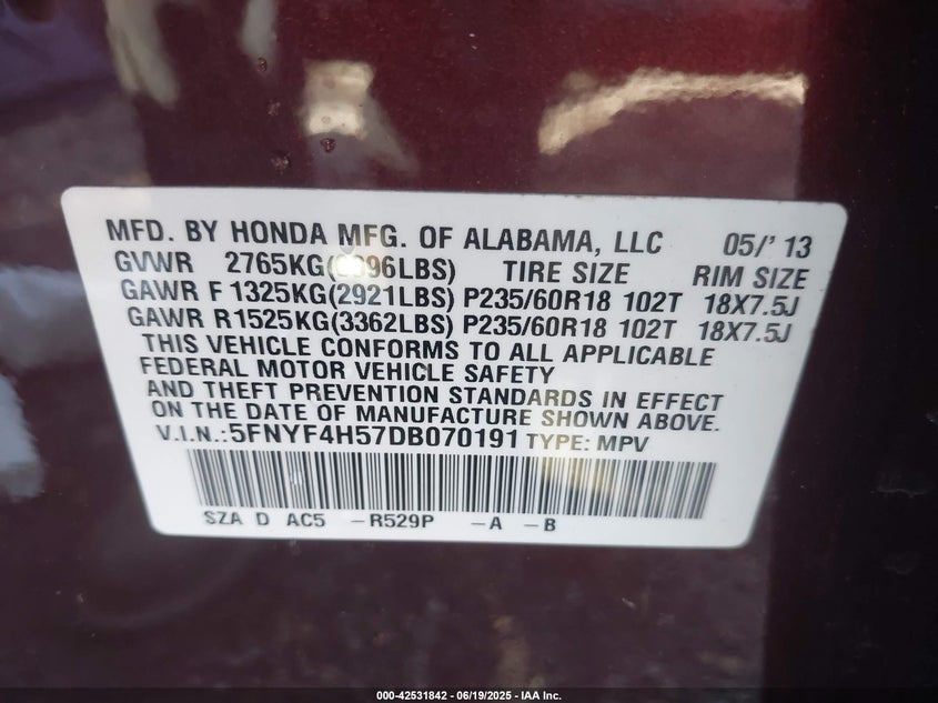 2013 HONDA PILOT EX-L - 5FNYF4H57DB070191