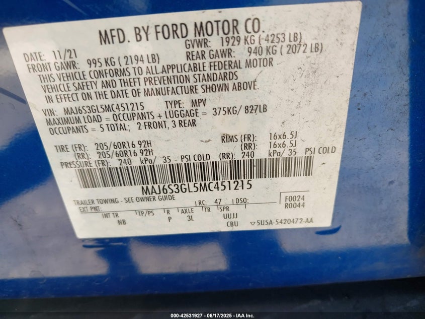 2021 FORD ECOSPORT VIN: MAJ6S3GL5MC451215