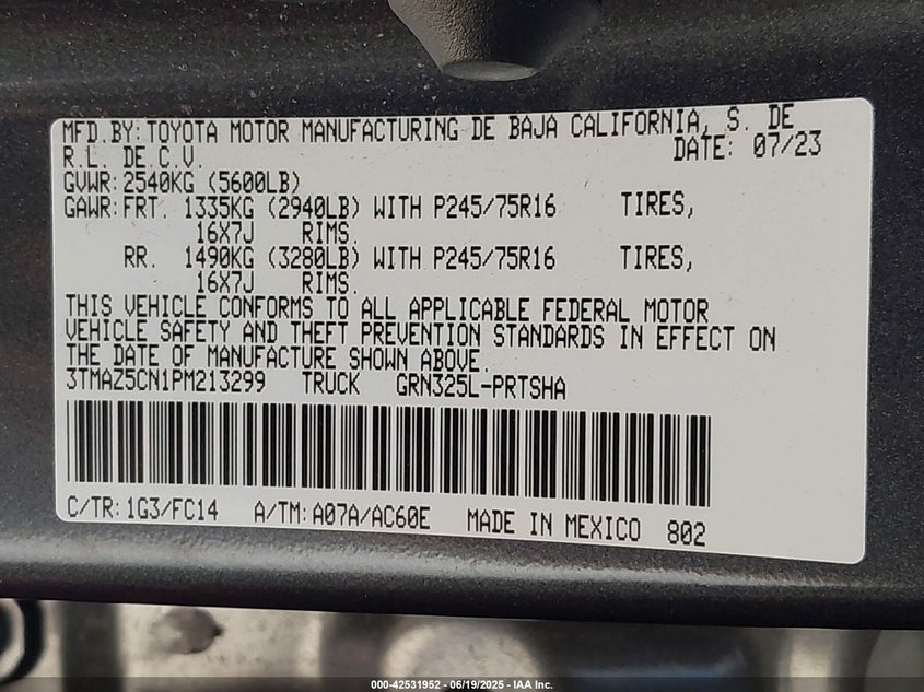 2023 TOYOTA TACOMA VIN: 3TMAZ5CN1PM213299