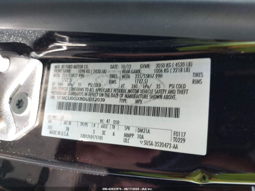 2013 Ford Escape Se VIN: 1FMCU0GX8DUB52039 Lot: 42531978