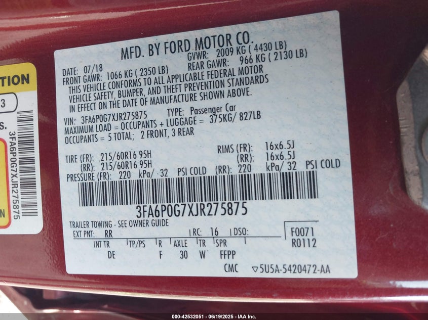 2018 FORD FUSION VIN: 3FA6P0G7XJR275875