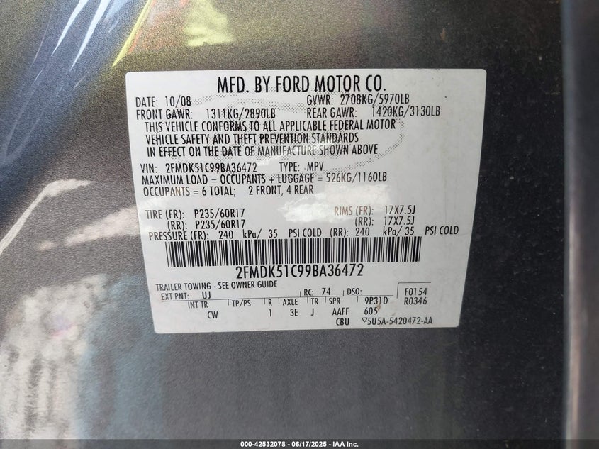 2009 FORD FLEX VIN: 2FMDK51C99BA36472