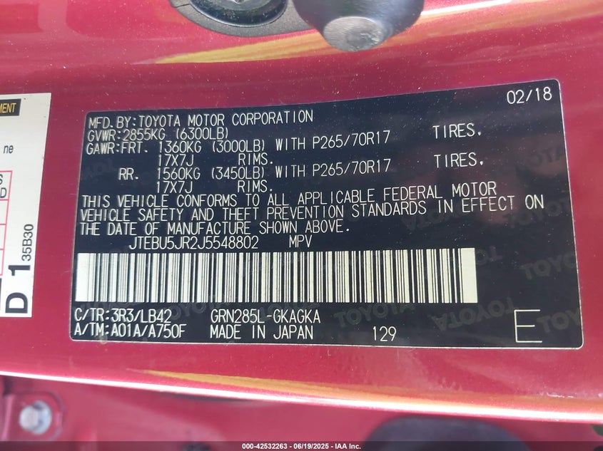 2018 TOYOTA 4RUNNER SR5 PREM/LTDL/TRAIL/TRD - JTEBU5JR2J5548802