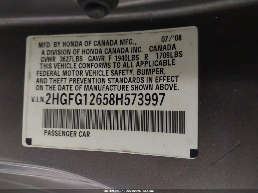 2008 Honda Civic Lx VIN: 2HGFG12658H573997 Lot: 43437559