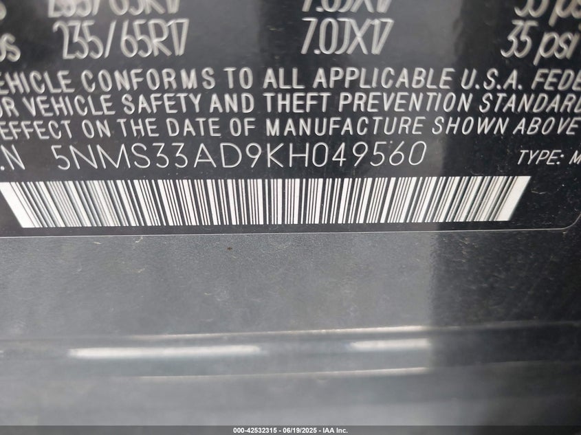 2019 HYUNDAI SANTA FE SEL - 5NMS33AD9KH049560