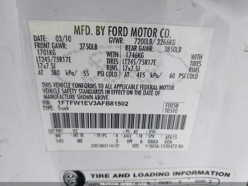 2010 FORD F-150 VIN: 1FTFW1EV3AFB81502