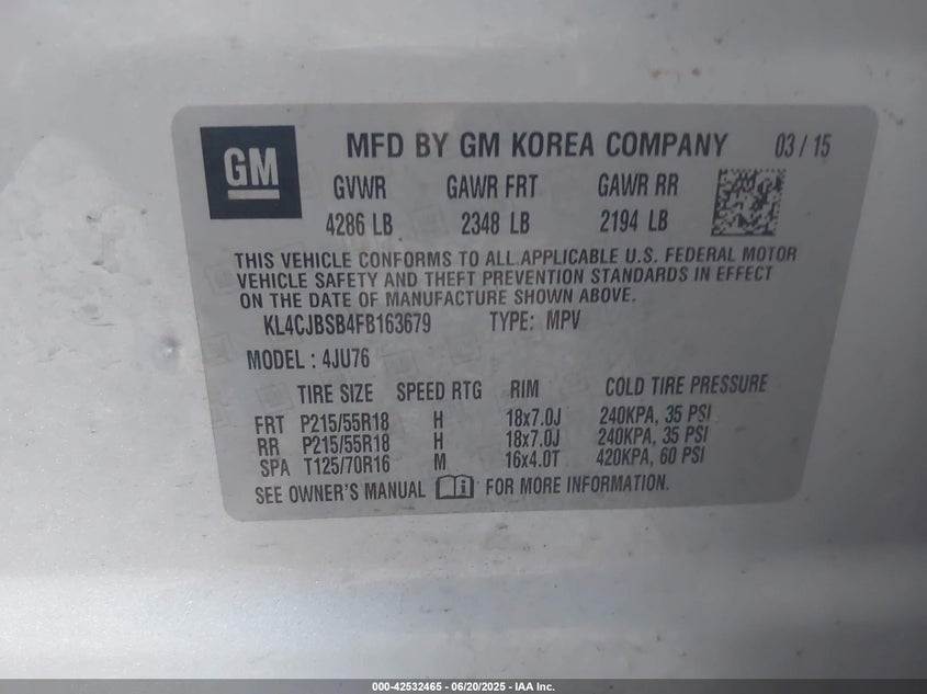 2015 BUICK ENCORE VIN: KL4CJBSB4FB163679