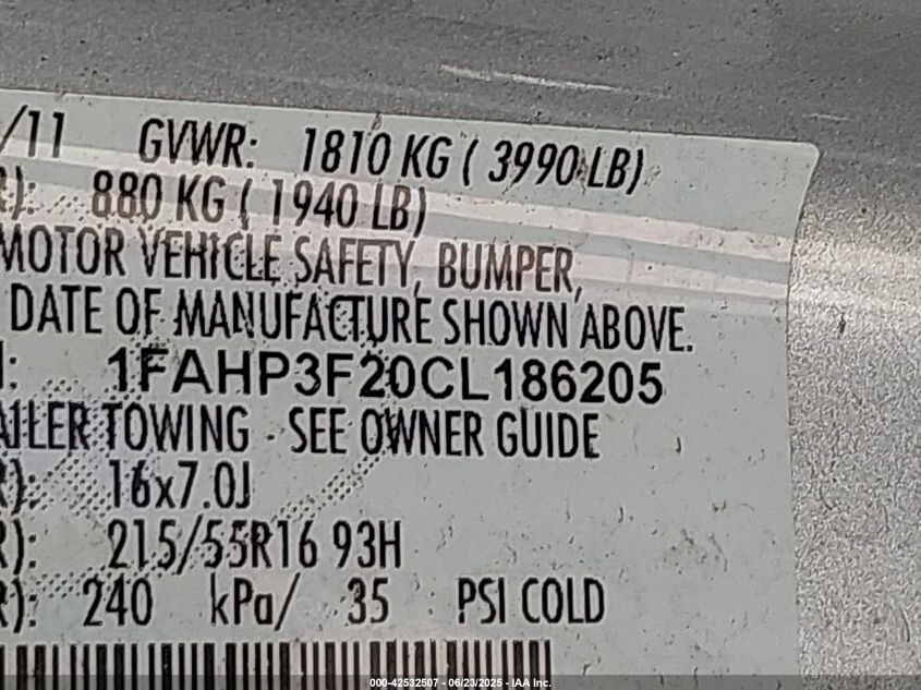 2012 Ford Focus Se VIN: 1FAHP3F20CL186205 Lot: 42532507