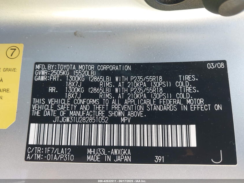 2008 Lexus Rx 400H VIN: JTJGW31U282851052 Lot: 42532511