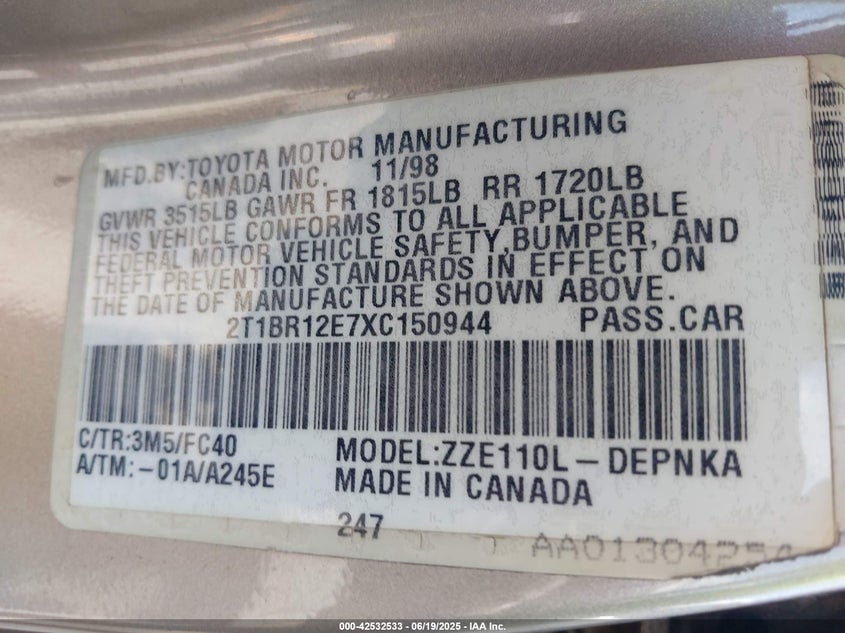 1999 Toyota Corolla Le VIN: 2T1BR12E7XC150944 Lot: 42532533