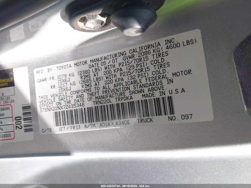 2007 TOYOTA TACOMA VIN: 5TENX22NX7Z435348
