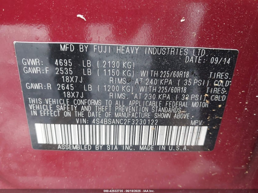 2015 SUBARU OUTBACK 2.5I LIMITED - 4S4BSANC2F3230122