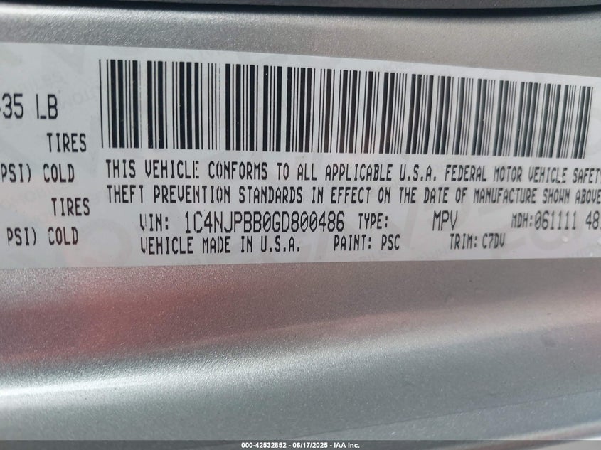 2016 JEEP PATRIOT VIN: 1C4NJPBB0GD800486