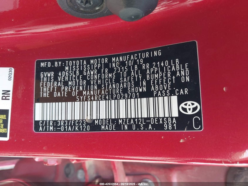 VIN 5YFS4RCE4LP029701 2020 TOYOTA COROLLA SE