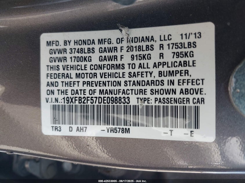 2013 HONDA CIVIC VIN: 19XFB2F57DE098833