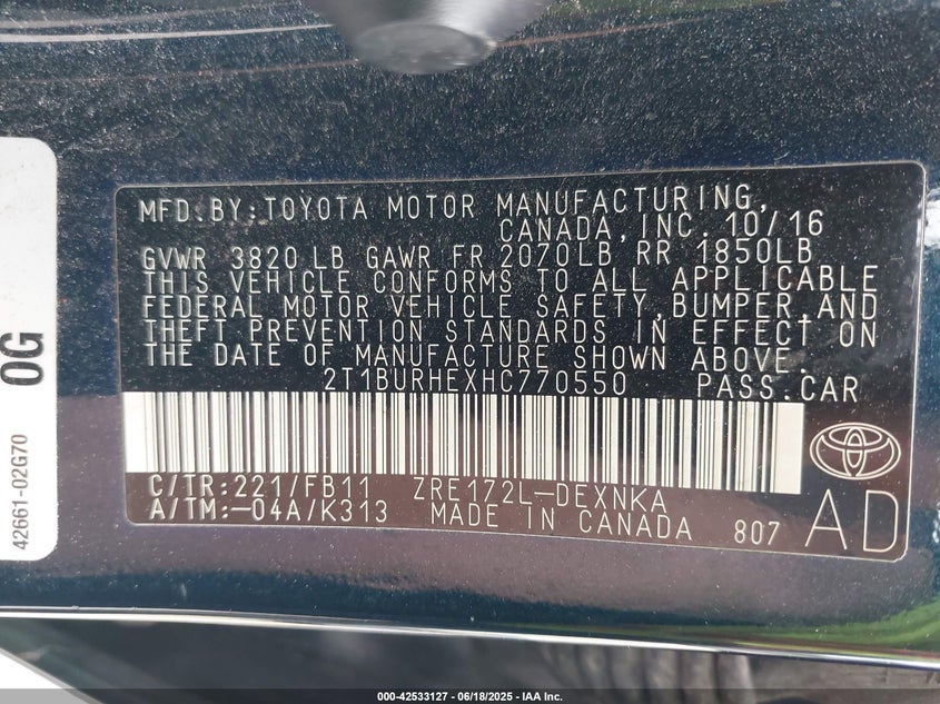 2017 TOYOTA COROLLA LE - 2T1BURHEXHC770550