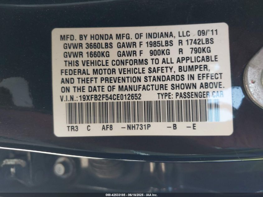 2012 Honda Civic Lx VIN: 19XFB2F54CE012652 Lot: 42533185