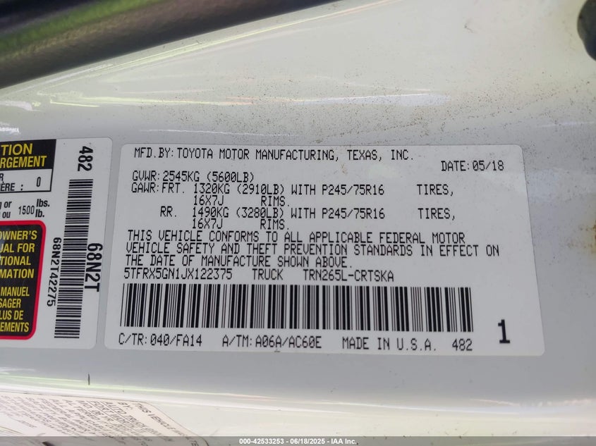 2018 TOYOTA TACOMA SR - 5TFRX5GN1JX122375