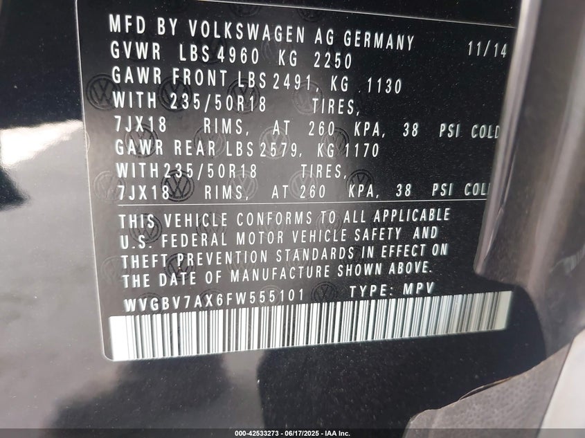 2015 VOLKSWAGEN TIGUAN SE - WVGBV7AX6FW555101