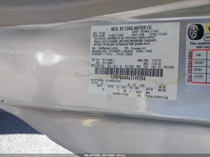 2010 FORD MUSTANG VIN: 1ZVBP8AN4A5149204