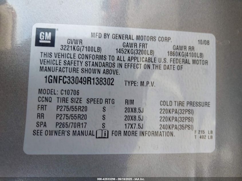 2009 Chevrolet Tahoe Ltz VIN: 1GNFC33049R138302 Lot: 42533296