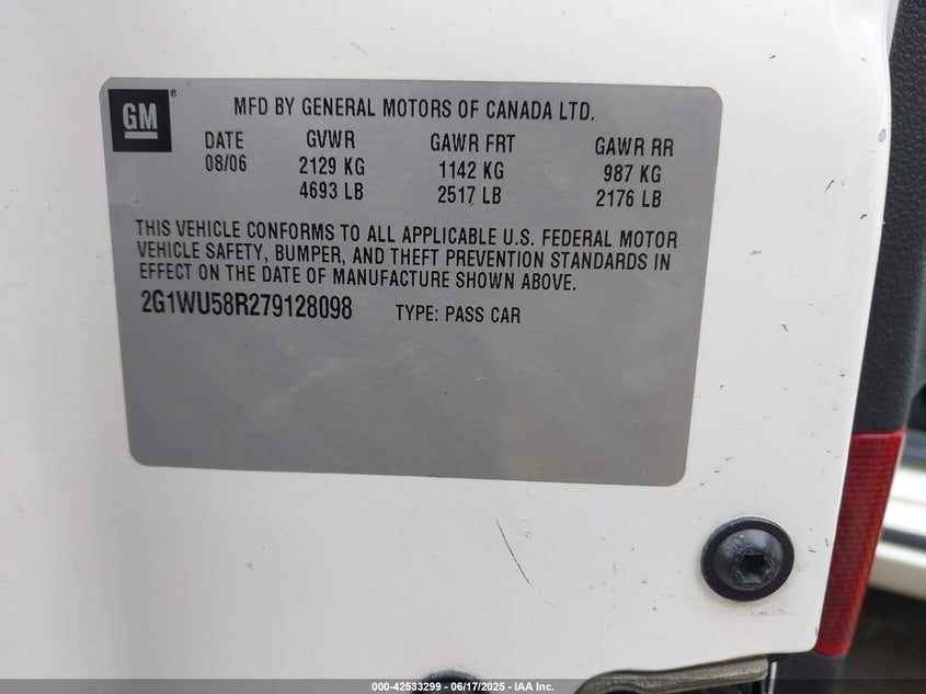2007 CHEVROLET IMPALA VIN: 2G1WU58R279128098