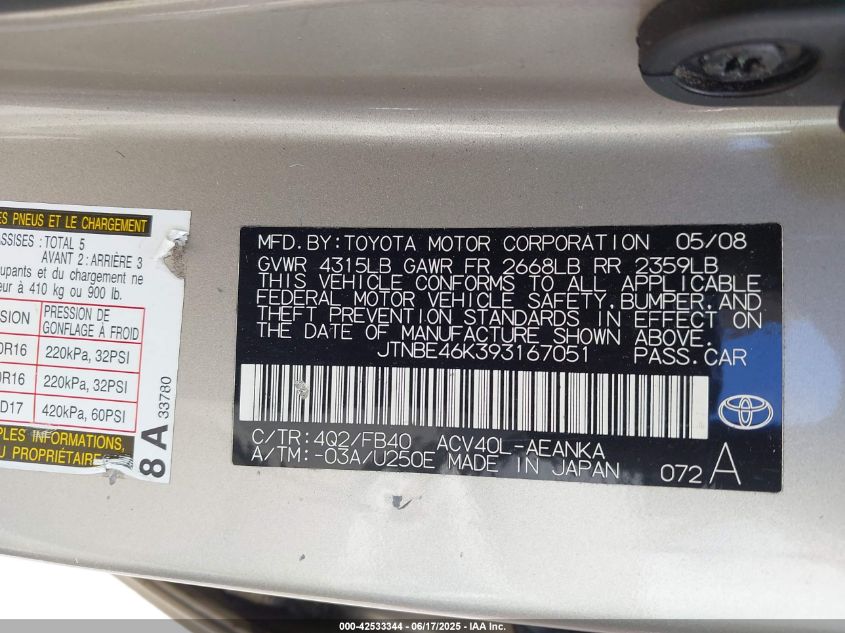 2009 Toyota Camry Le/Se/Xle VIN: JTNBE46K393167051 Lot: 42533344