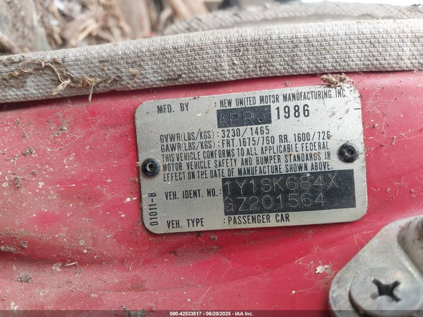 1986 Chevrolet Nova VIN: 1Y1SK684XGZ201564 Lot: 42533517