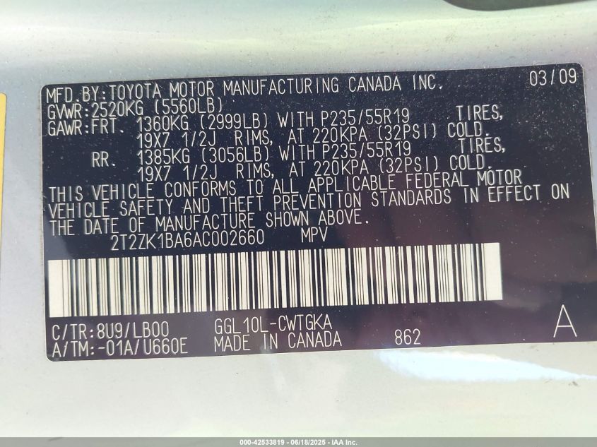 2010 Lexus Rx 350 VIN: 2T2ZK1BA6AC002660 Lot: 42533819