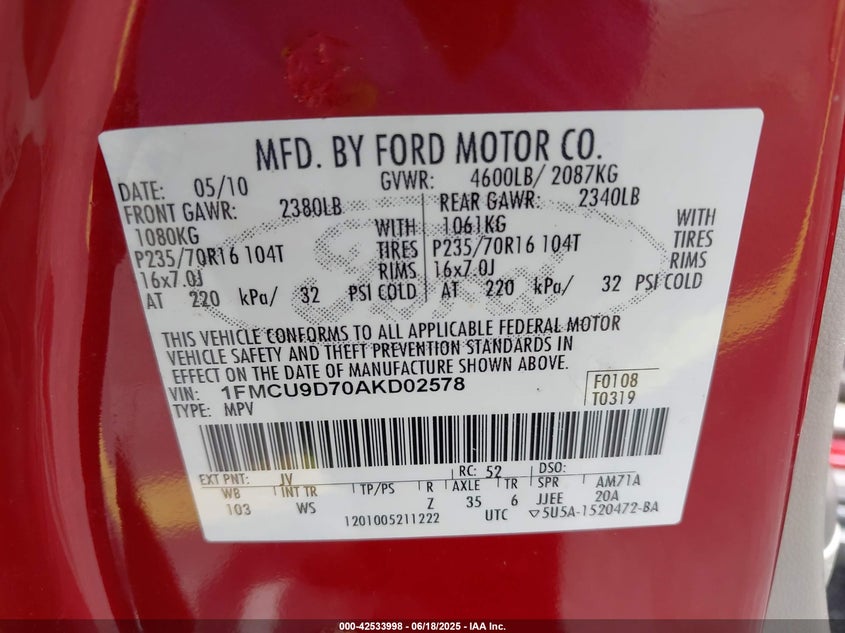 2010 FORD ESCAPE VIN: 1FMCU9D70AKD02578