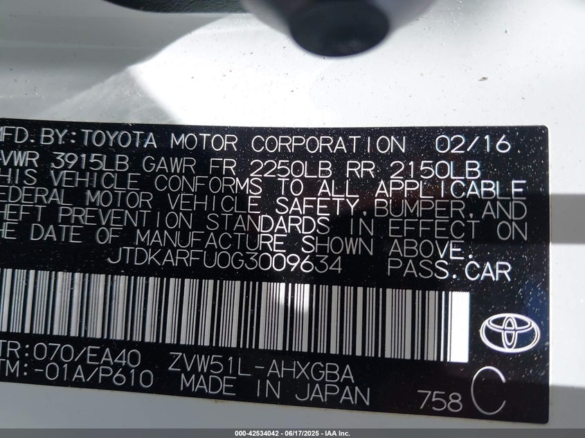 2016 TOYOTA PRIUS VIN: JTDKARFU0G3009634