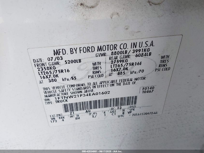 2004 Ford F-250 Lariat/Xl/Xlt VIN: 1FTNW21P34EA01602 Lot: 42534061