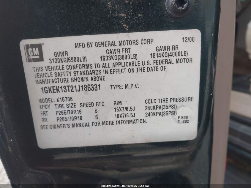 2001 GMC Yukon Slt VIN: 1GKEK13T21J186331 Lot: 42534129