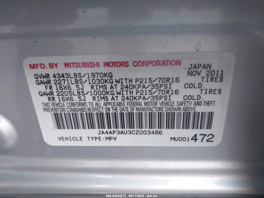 2012 Mitsubishi Outlander Sport Es VIN: JA4AP3AU3CZ003486 Lot: 42534272